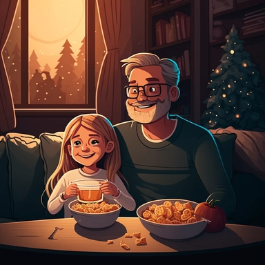 father and a daughter smiling while sharing a bowl of plantain chips in front of a christmas tree in their living room, cozy, warm, night time, christmas decoration, happyness, clipart illustration