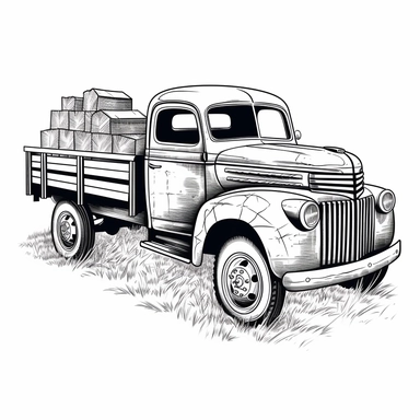 svg clipart black line cartoon drawing of a farm truck vintage, family farm, on a white background no shading