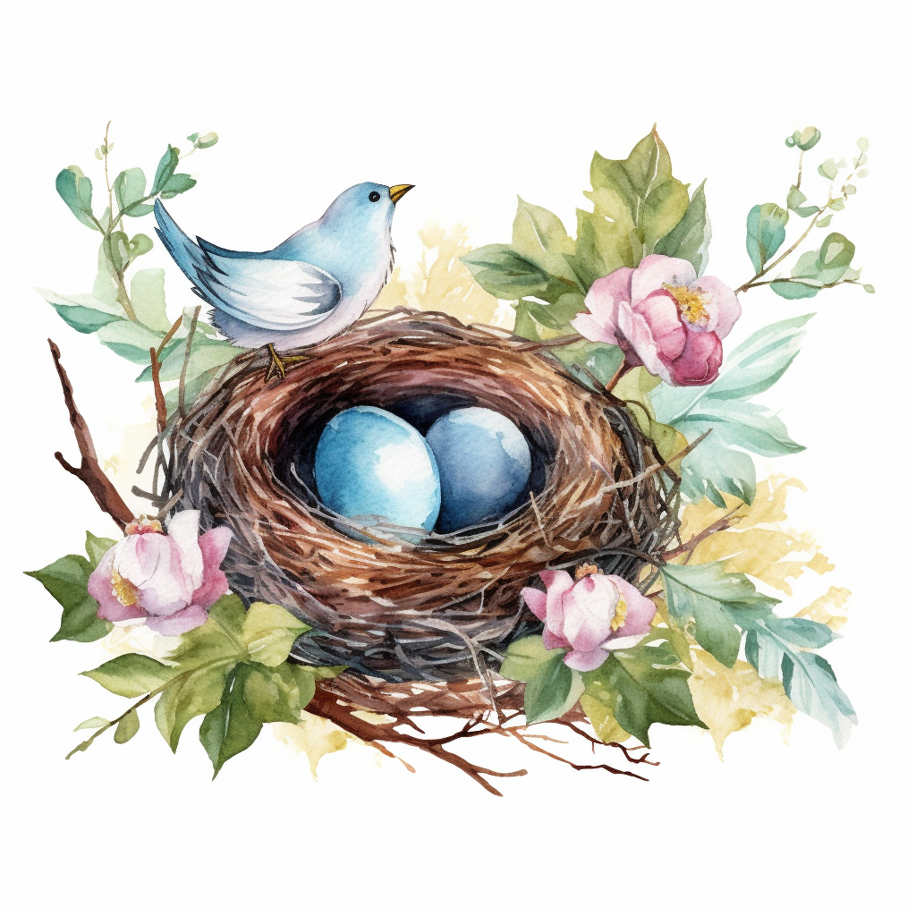 handprinted Watercolor Bird Nests Clipart, flowers, and leaves, 3 eggs ...