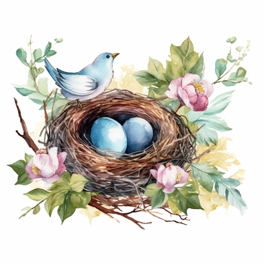 handprinted Watercolor Bird Nests Clipart, flowers, and leaves, 3 eggs on the nest and the bird sit beside on the nest. mother bird sitting beside of nest.