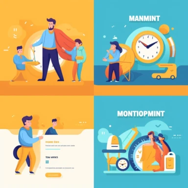 4-part layout for parenting time management app landing page in flat style vector illustration for ui/ux, clipart. Use primary color 9E5FF5 and secondary colors 00D895 F40075, F5AF00, F3F3F0