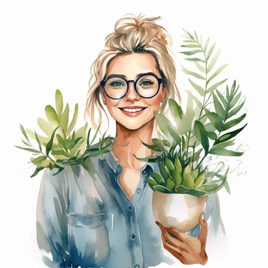 A HAPPY Young Woman WITH GLASSES AND blond hair Holding PLANTS Clipart in the style of watercolor, clean lines on a white background