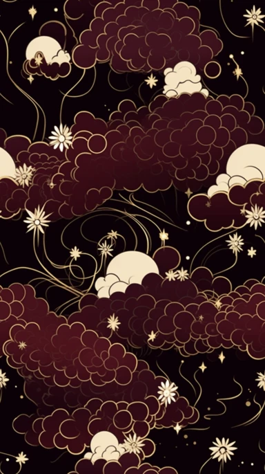 pattern of moon stars and clouds, clipart line drawing in gold ink on dark burgundy background