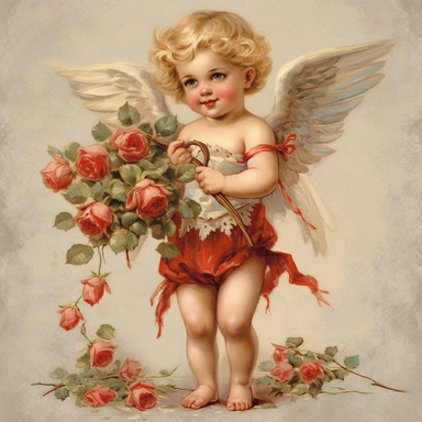 vintage adorable little cupid with red hearts and flowers, full body, clipart style, accurate details, oil painting technique, super high quality, professional clipart, high resolution