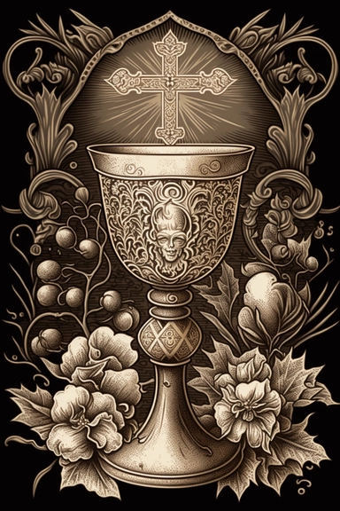 clip art, design sheet of 4 religious catholic symbols designs chalice, cross,bible altar