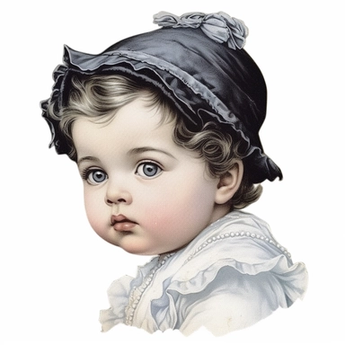 Victorian baby, Clipart, black outline, white background, colored pencil