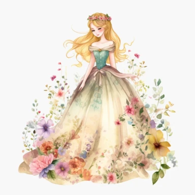 .''princess flora full body watercolour clipart high quality'' smilee face large dress