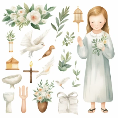 First communion illustrations clipart set, watercolor, white background, simple, soft colors, cartoon elements girl, boy, holy cross, white doves, tulips, peonies, eucalyptus branches, wooden rosary beads, white flowers