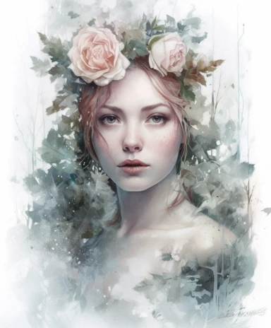 isolated on white illustration watercolor art of a portrait of beautiful feminine princess, overgrown with white and light pink roses and flowers, covered with snow and ice, a lot of moss and branches, lace and embroidery, trees, masterpiece by Tom Bagshaw style and by Hans Zatzka style and by James C. Christensen style and by Alexander Jansson style, Baroque fashion, PNG clipart, isolated on white, white background, extreme photorealistic details, 32k HD resolution, realistic high detailization