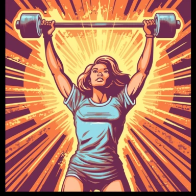 T shirt design, female olympic weightlifting lifting the barbell above head, gym, equipment, lights, clipart