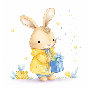 a shy baby Bunny with gifts Clipart, Peter rabbit, wearing a yellow coat covered in hearts, Nursery summer Clipart, Easter Clipart, summer Bunny, Crafting Digital Paper, Mother’s Day, white background