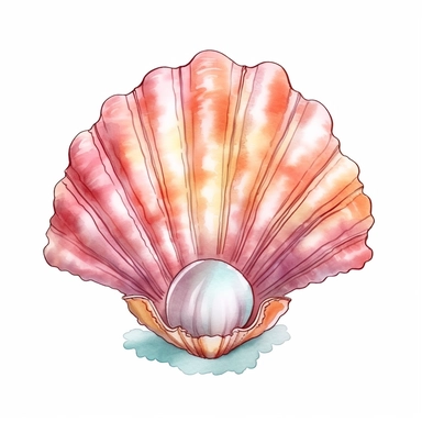 Seashell pearl clipart , Maggie Holmes style ,boho style, soft pastel colors, watercolor hand painted illustration, in style of anime pen outline, digital painting, cartoon illustration, isolated on white background