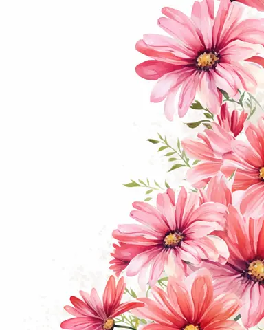 detailed watercolor pink daisy corner border , isolated on white background, realistic, clipart