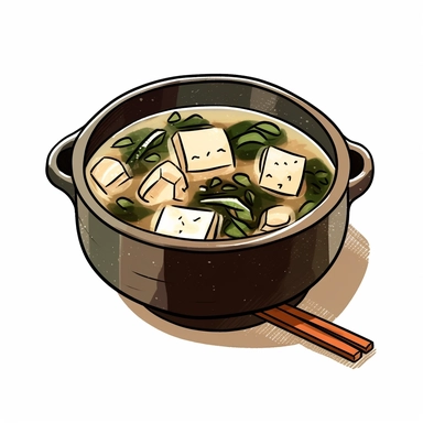 Picture a warm and inviting clipart of a bowl of miso soup. The soup is gently steaming, with cubes of tofu and wisps of wakame seaweed visible through the clear broth. The wooden ladle, traditionally used to serve the soup, rests on the side of the earthenware bowl. The wholesome scene is set against a stark white background, emphasizing the comforting colors of the soup.