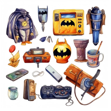 watercolor clipart, cartoon, batman gadgets
