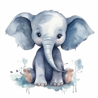 draw a watercolor cute baby safari animal elephant, single object, watercolor illustration, cartoon clipart, white background for removing background