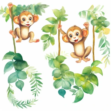 Playful Monkey: Bring the jungle to life with this watercolor clipart set showcasing a playful monkey swinging from vines. The vibrant colors and minimalistic style make it a delightful addition to any project. (No background)