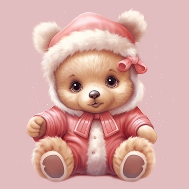 cute Baby teddy bear in pink christmas Santa suit clothes, clipart, no words