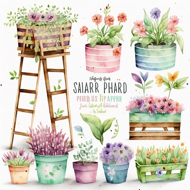 Watercolor Spring Planters Clipart - springtime cute planter boxes and garden ladders
