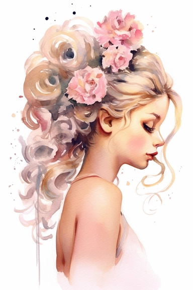 a cute cartoon pretty little Girl with a high white and pink ligth colored bun and roses sparkling around her profile, long curly hair with mini flowers in head, portrait, daydreaming expression in watercolor form, sarah kay and holly hobbies, clipart, watercolor, smiling, on a white background, daydreaming expression in watercolor form