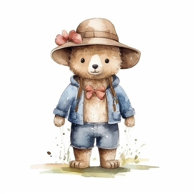 Adorable cute fantasy teddy bear dressed like farmer clipart, happy expression, standing in dynamic pose, hand carry nothing,full body,front view, in the style of watercolor cartoon clipart, kate greenaway style, high resolution, composition free space,watercolour clipart, watercolor illlustration for kids and children, isolated white background, clipart most popular on etsy, book illustration, featured on dribble, print on demand image, PNG tranparent background, composition medium shot, no tex
