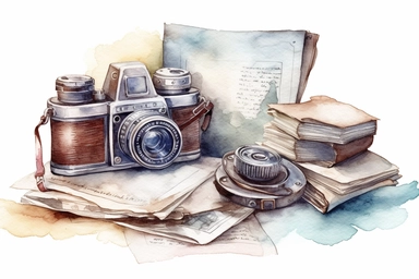 header index banner image for an photographer and lawyer, many papers and documents, what would be liked by photographers, clipart 2D, watercolor style, white border, white background, happy emotions