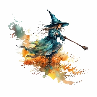 watercolor style, Witch on the broomstick: A long, slender broomstick associated with witches and their transportation. clipart, isolated on white background, 4K