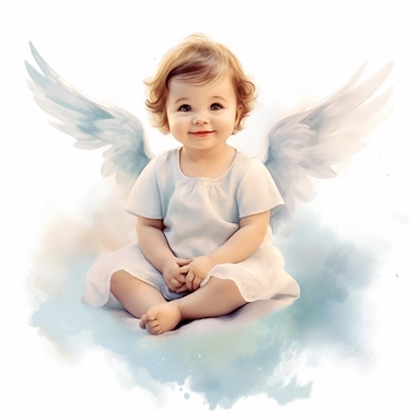 enchanting watercolor image, full body adorable newborn baby angel girl on white background, she is sitting on a cloud in pastel color dress and smiling gently. She has sparkling eyes twinkled with wonder and brown hair, professional watercolor clipart, high resolution