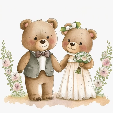 cute teddy bears getting married, handpainted, clipart, white background