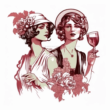 1920 fashion flapper women drinking Wine, Ladies Clipart, French wine clip art graphics with fashion women and rose wine, elegant, pretty, pinkish, on white background