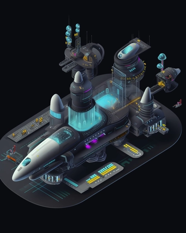 isometric perspective, game sprite, futuristic small spaceship hanger concept, gaming asset, sci-fi, fun, creative, cartoon, clipart, hyper-detailed, black background,
