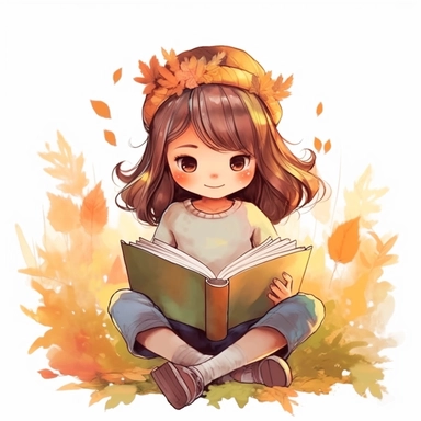 cute little girl reading a book, folk art, watercolor, clipart elements, kawaii, fall and autumn time, white background
