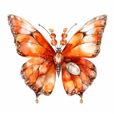 Bejeweled orange Butterfly brooch Watercolor Clipart, watercolor painting, png, HDR, 8k, super hyper realism. white background,