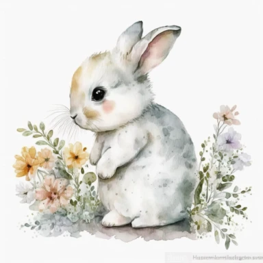 cute, little white bunny carrying flowers clipart, watercolor, white background, Nursery Art