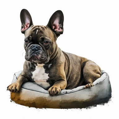 french bulldog, on a dog bed, tempera clipart illustration, dark vibrant colour, vivid, clean, crisp, smooth, white background