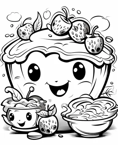 imaginary cute Smiling Slice of pie with, ice cream, apples, strawberries, tea, with a kawaii expression, Kawaii for a childrens book, cartoon style, thick lines, black and white, no shading, line drawing illustration, no duplicate faces, blurry, drawing,