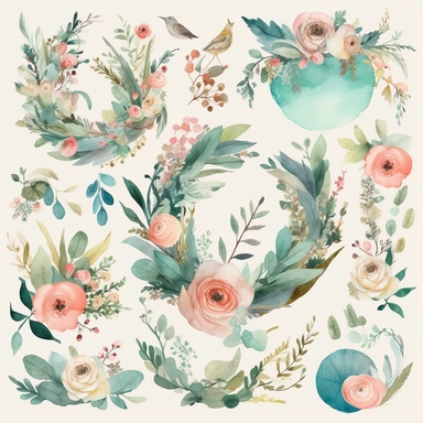 Design a set of watercolor-style digital cliparts specifically for wedding and event decorations. The cliparts should include elements such as flowers, garlands, wreaths, ribbons, and romantic symbols like hearts and doves. Consider various color palettes and styles to cater to both traditional and modern weddings and events. The cliparts should be versatile and suitable for use in invitations, save-the-date cards, menu cards, table cards, seating charts, and other decorative elements