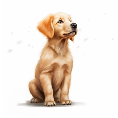 confused golden retriever puppy, digital painting and drawing, clipart, half body, hyper - realistic animal illustration, childlike, free brushwork, white background, side view