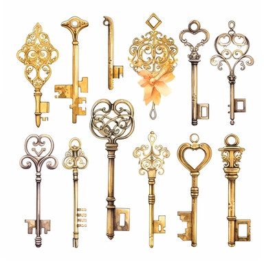 assorted gold keys inspired by Alice in wonderland watercolor illustration, design elements isolated on white background, vintage clip art - Image #4 <@1098423716465102849>