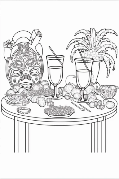 an outlined table setup for a Mardi Gras party with cute masks, beads, hats, and drinks, Coloring Book, white background, black and white, [clip art]
