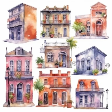 watercolor New Orleans French quarter style buildings, illustrations clipart set, simple, , cartoon elements ,different variants , separate elements with a margin