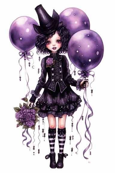 watercolor mixed media goth steampunk girl entire body in goth steampunk birthday bouquet illustration clipart by holly hobbie