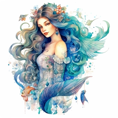 beautiful rich Russian style sea mermaid with long hair full body with fish tale, sea stars, sea shells, portrait, super high quality, high resolution, watercolor clipart, natural colors, isolated white background, 8k