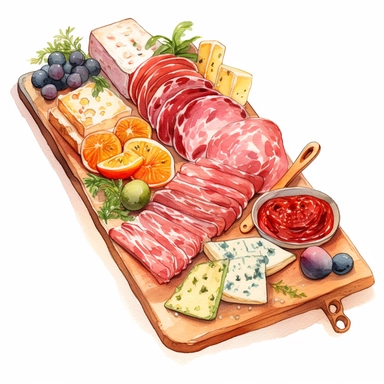 Watercolor charcuterie platter with salama pastrami jambon sausage nicely placed along with cheese on a very large wooden flat plate or cutting board, illustrations clipart set, simple, soft colors, cartoon elements, different variants, cheese from around the world, wooden elements, separate elements with a margin