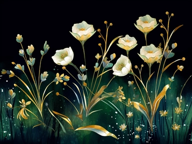deep emerald gold watercolor Ermine with flowers plants clipart, golden metallic lines and some glitter, shining colors, dark background, 8k, high resolution