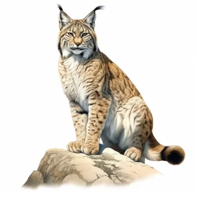 oil painted Lynx sitting on a rock clipart, highly detailed, white background