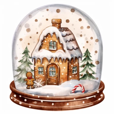 watercolor Clipart of christmas snow globe with gigerbread house, white background, detailed, 8k, high resolution