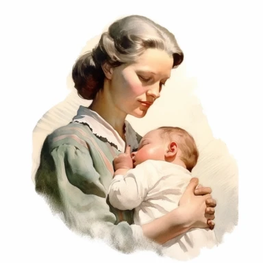 beautiful detailed watercolor of mother with newborn infant, old fashioned, 1940's, idealistic, white, clean, clipart