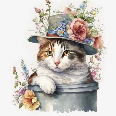 watercolor art adorable cat in fancy hat clipart, hd white background