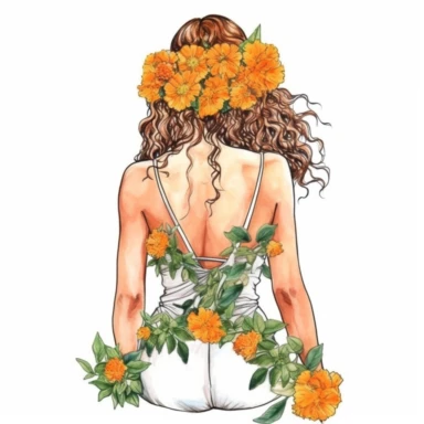 Watercolor A woman's face, full body, back view White fabric leaves flowers Marigolds decorate hair, wedding dress with flowers Marigolds and leaves adorning her hair. hair up with flowers Marigolds vividly bold designs png Full body realistic cartoon in 32K UHD cute. 15 cm thick outline. . There was no shadow on the ground. 8k with realistic watercolors. and detailed illustrations. PNG, clipart, hd, on white background, spaced out